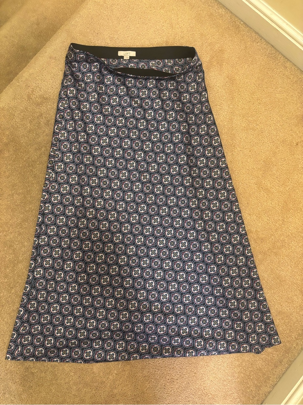 LOFT Navy and White Geometric A-Line Skirt